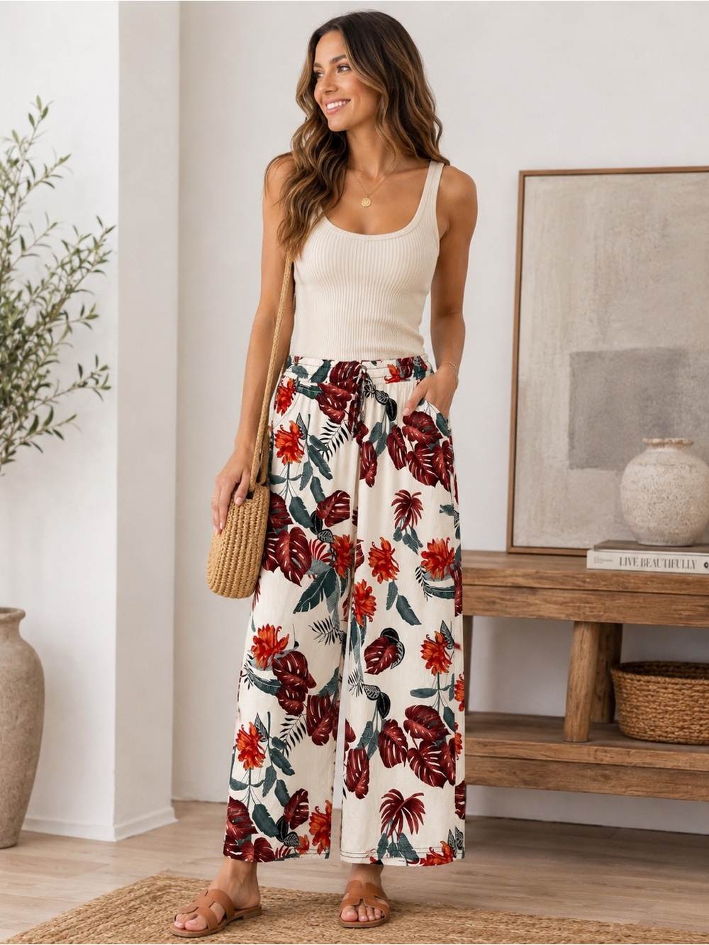 Tropical Floral Wide Leg Lounge Pants | White Red Palm Print | One Size